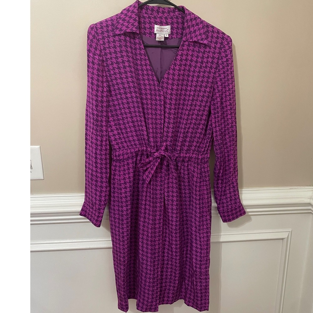 Adrianna Papell Vintage Purple Houndstooth 100% Silk Shirt Dress Size 8